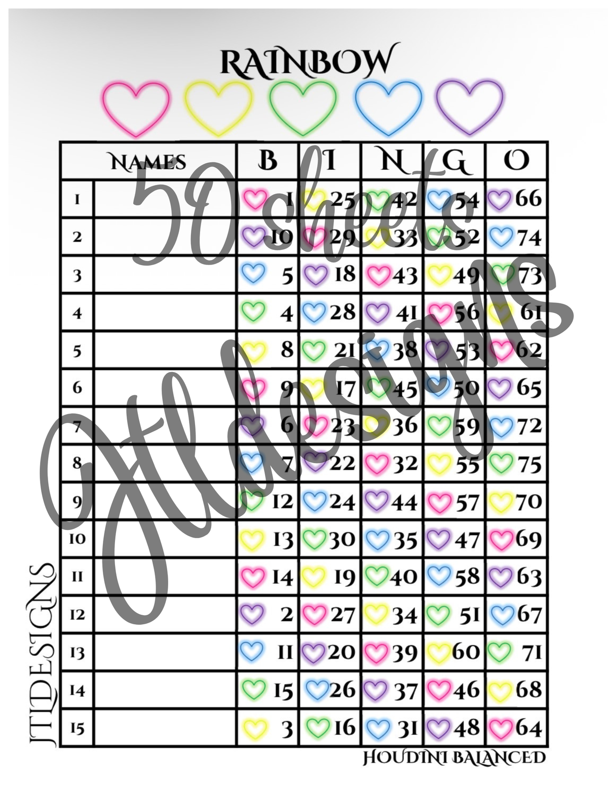 50 Rainbow Neon Hearts 1-75